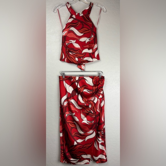 SIGRID OLSEN Tropical 2 Pc Halter Top & Midi Faux Wrap Skirt S Red $180 1230